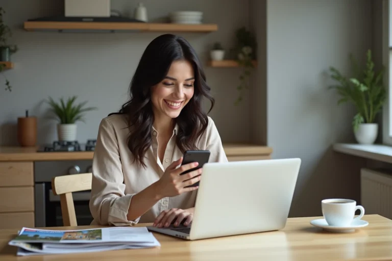 Femme souriante avec vouchers vacances françaises à la maison