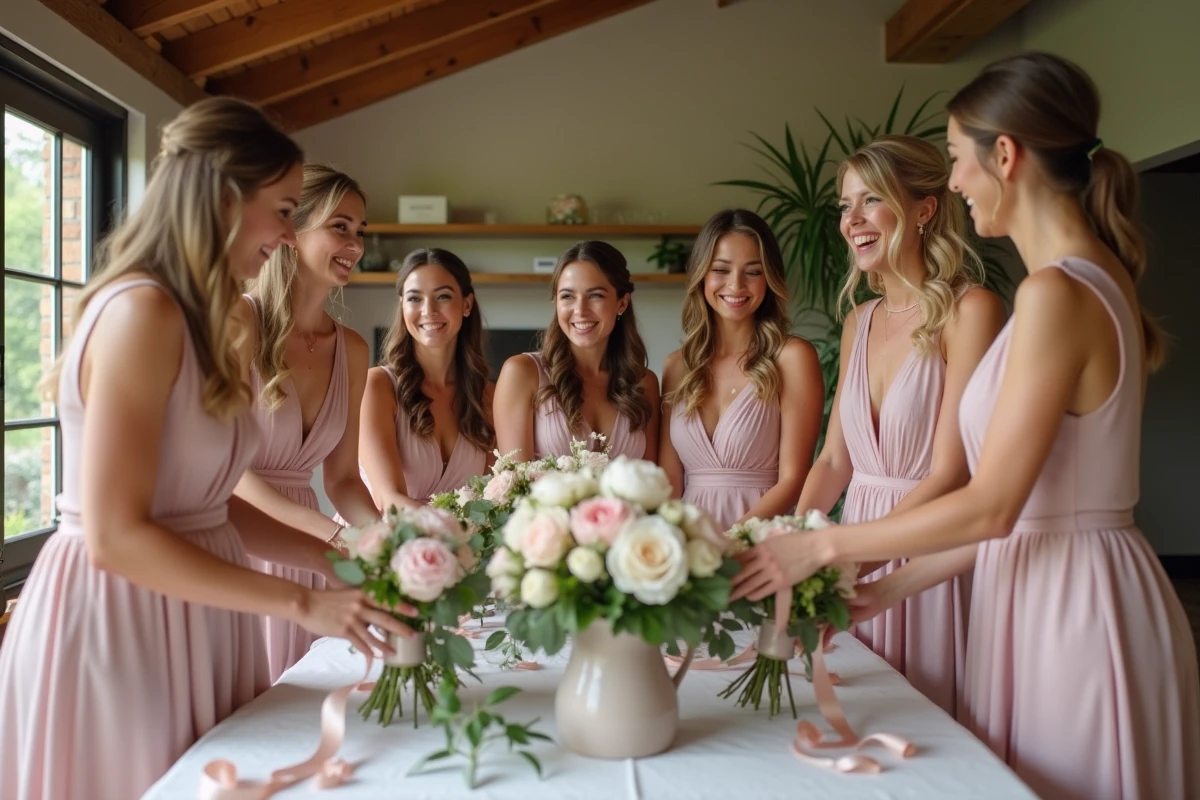 Femmes en robes pastel préparant des bouquets de fleurs