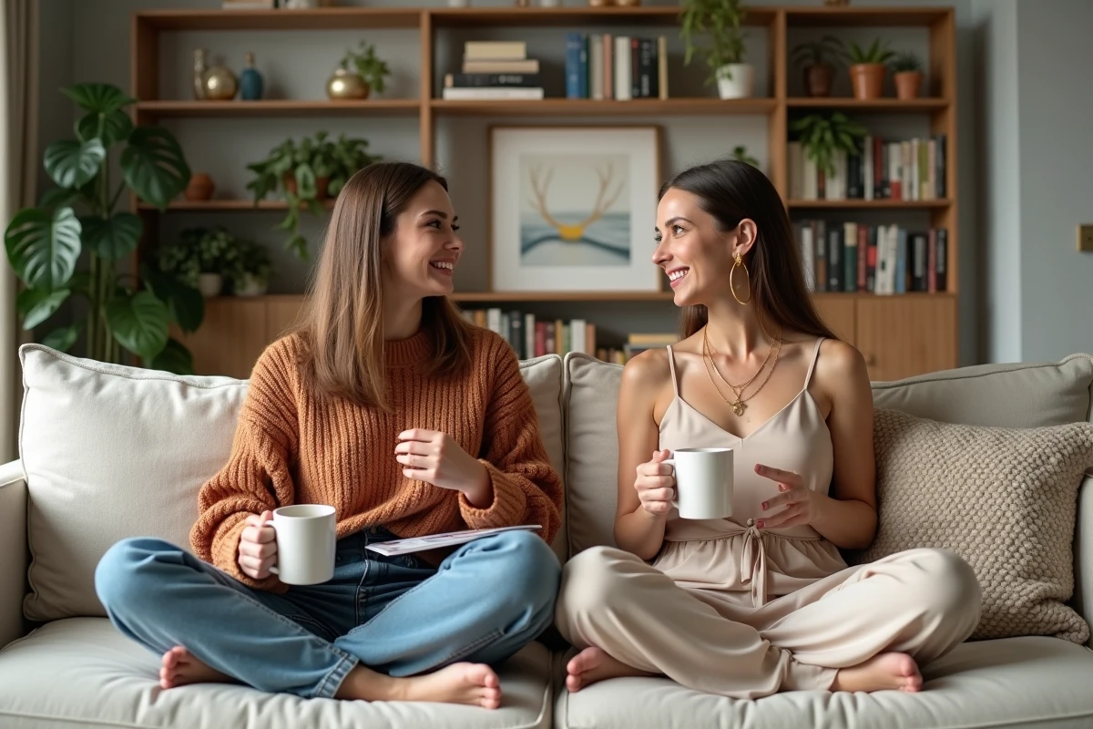 Deux femmes modernes discutant de tendances et d'actualités dans un appartement contemporain décoré avec goût