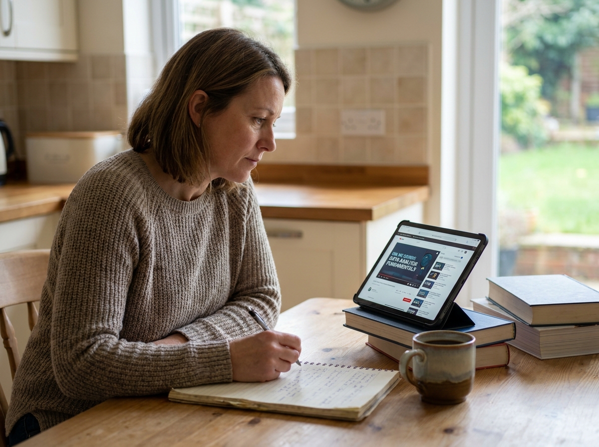 Femme étudiant en autonomie à domicile pour une reconversion en tant que secrétaire médicale grâce à une formation en ligne sur tablette