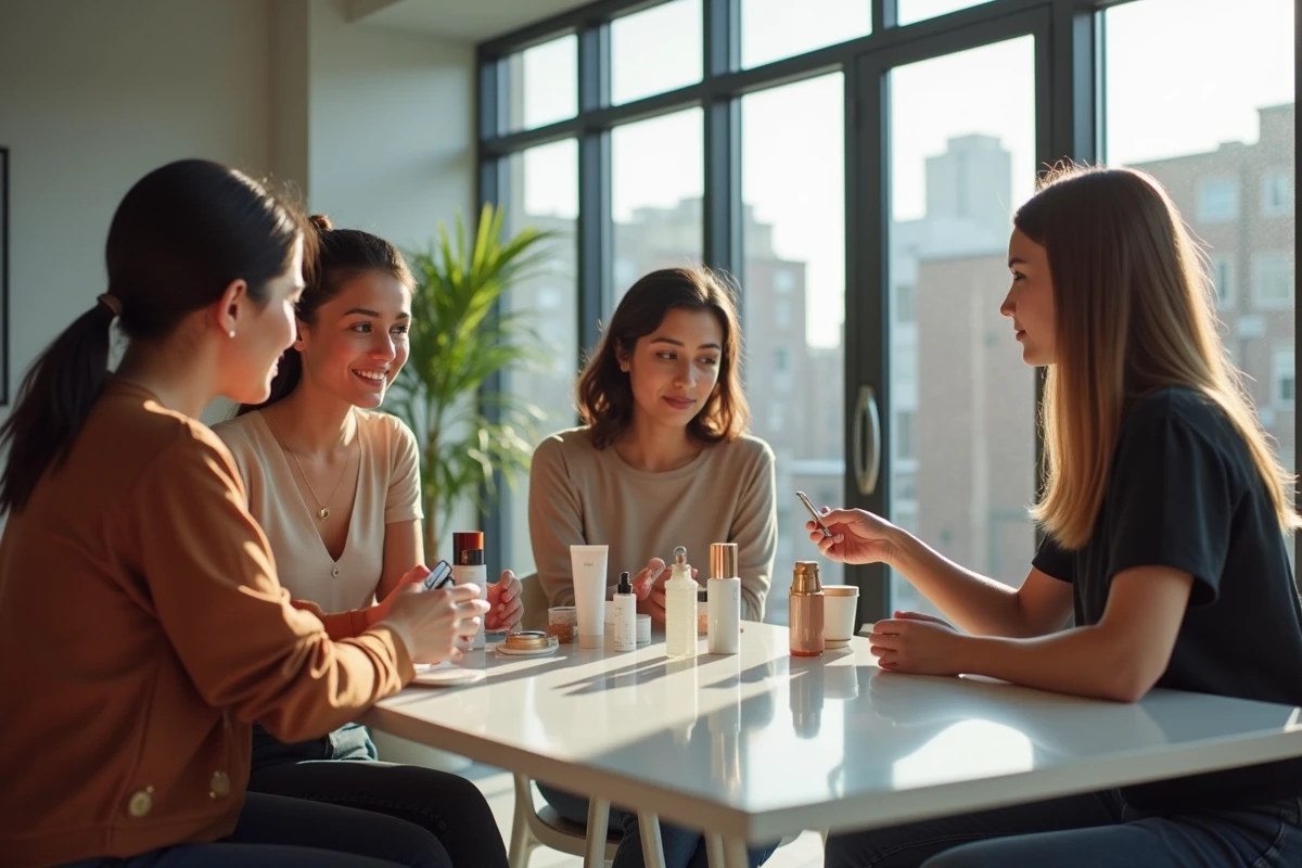 Groupe de jeunes professionnels testant des produits de beauté