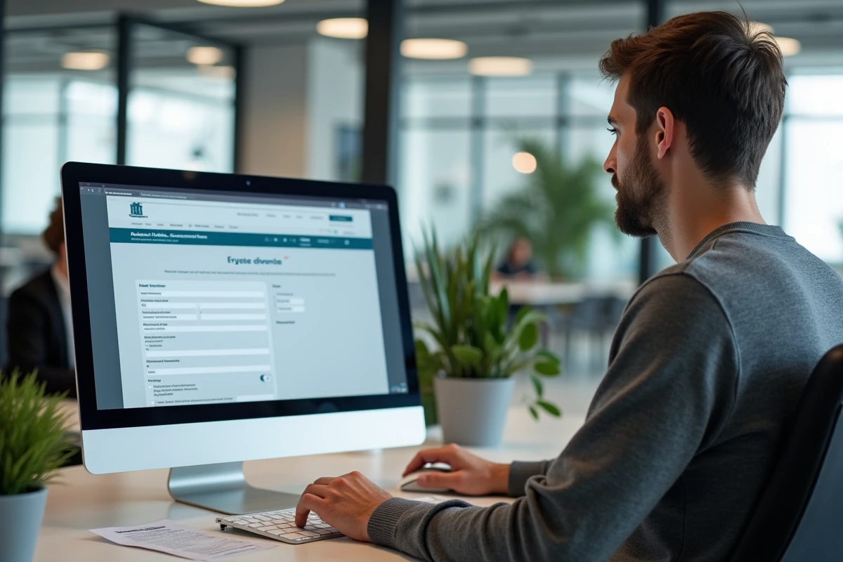 Homme en pull gris remplissant un formulaire Cerfa en ligne sur un ordinateur de bureau dans un bureau professionnel