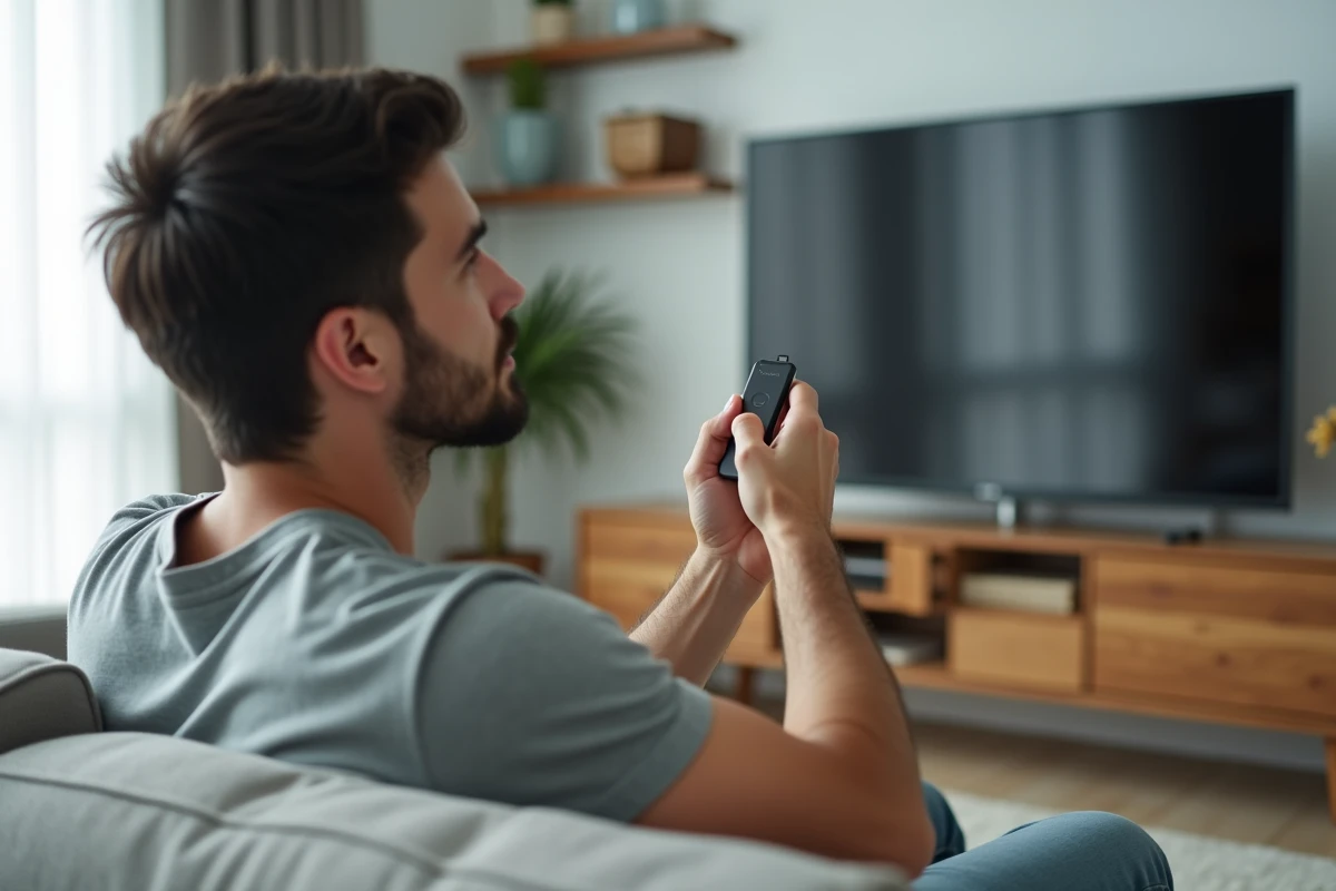 Homme tenant un Xiaomi Mi TV Stick dans son salon moderne, prêt à configurer la réception des chaînes TV