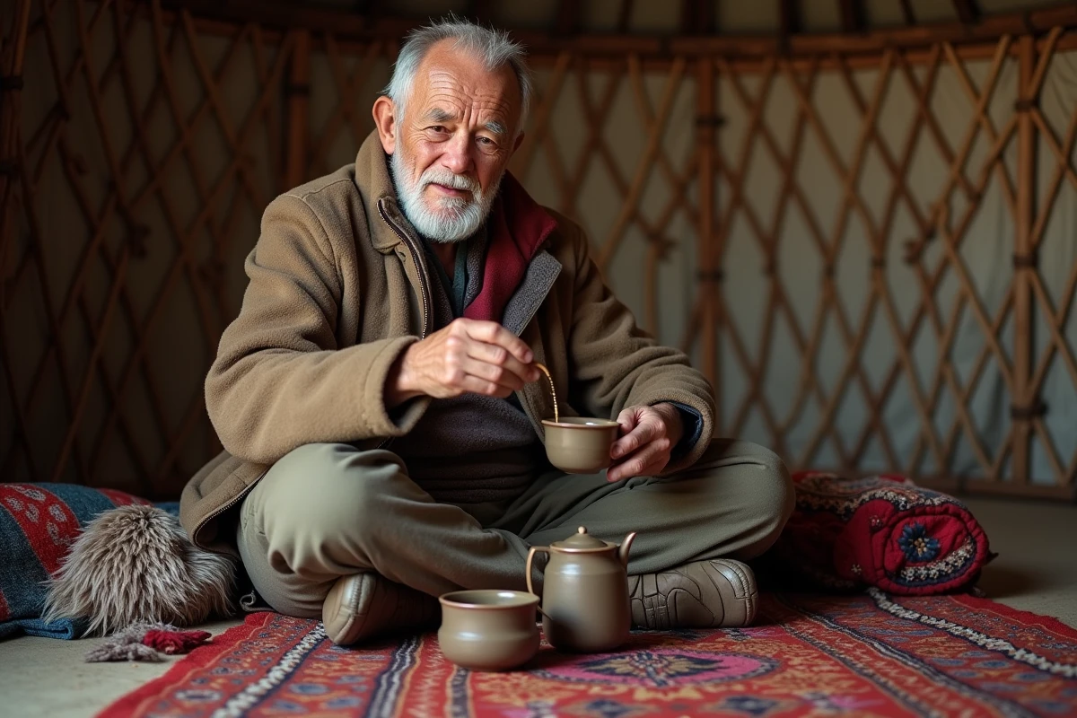 Homme âgé versant du thé dans une yourte en Mongolie