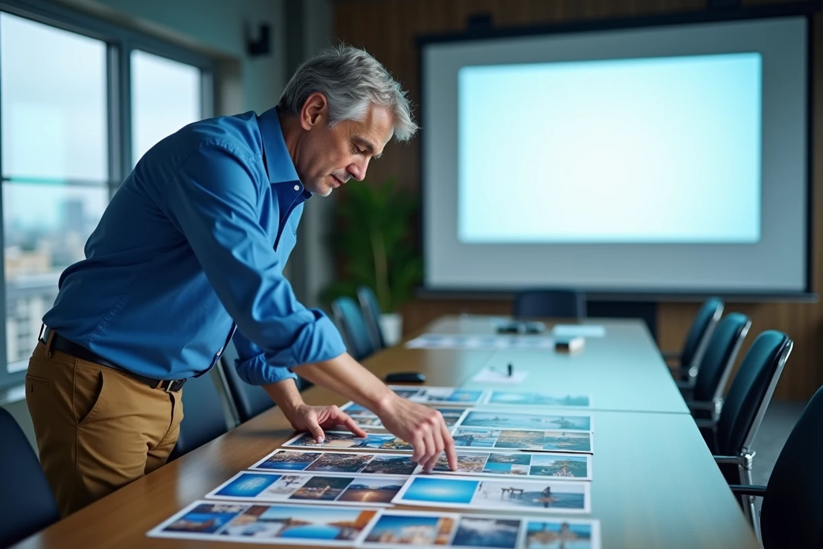 Homme en réunion prépare une présentation de photos