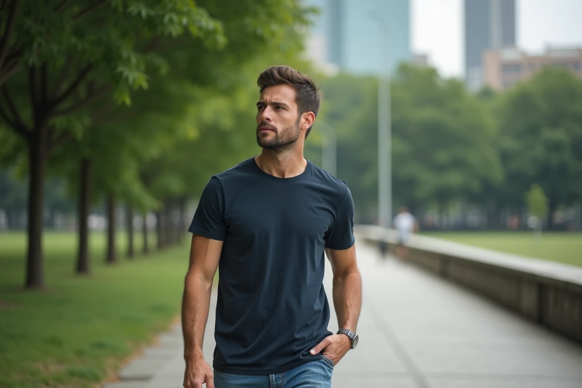 Homme seul marchant dans un parc urbain calme