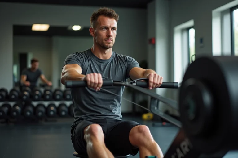 Homme utilisant un rameur Marcy dans une salle de sport à domicile, vue en plan rapproché trois quarts