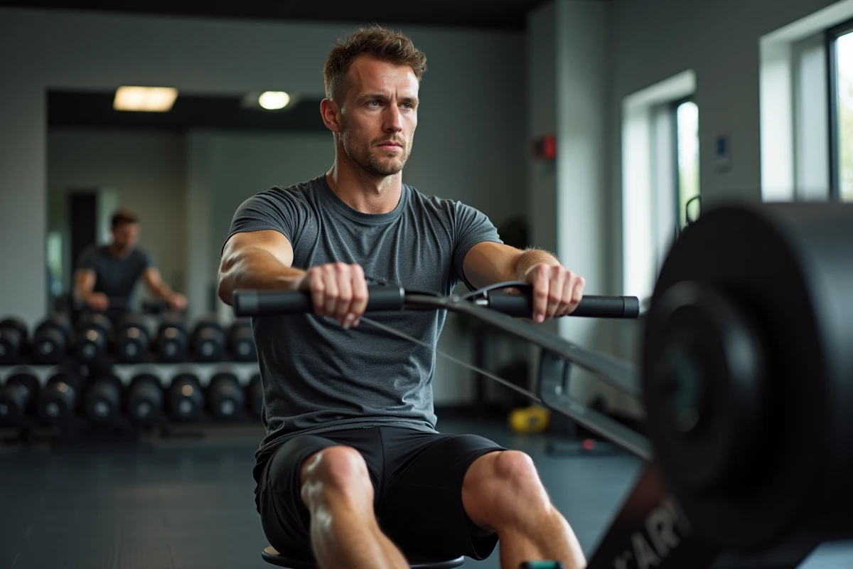 Homme utilisant un rameur Marcy dans une salle de sport à domicile, vue en plan rapproché trois quarts