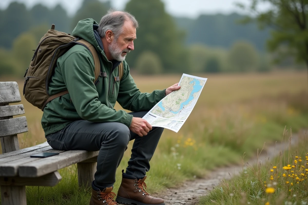 Homme en plein air tenant une carte IGN dans un parc