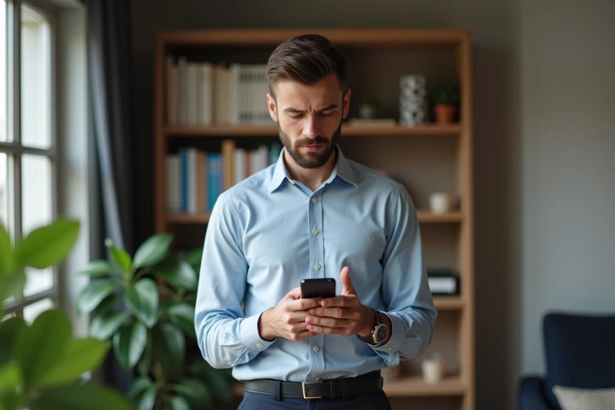Jeune homme utilisant son smartphone pour Vinted à la maison