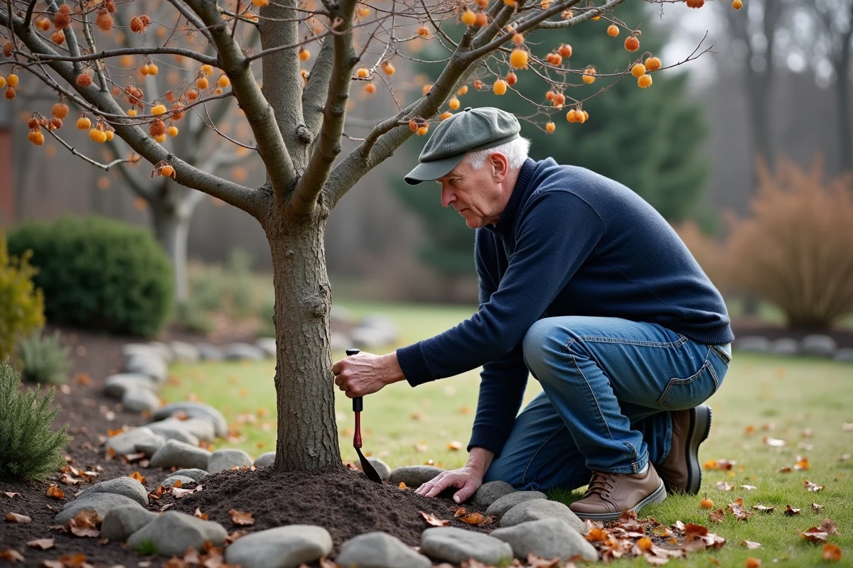 Homme examinant un mimosa en hiver dans un jardin rural