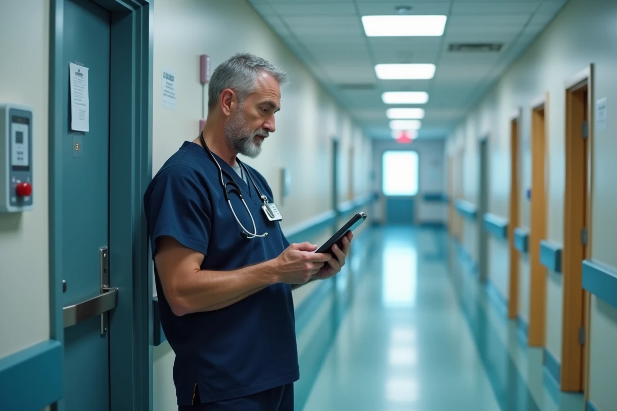 Infirmier consultant un dossier de traçabilité des soins sur tablette numérique dans un couloir hospitalier