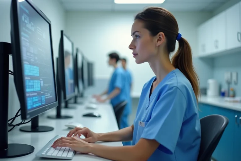 Infirmière saisissant des données de soins sur le logiciel Netsoins dans une station de soins infirmiers moderne