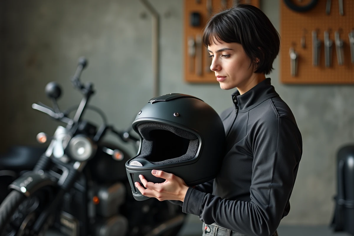 Motarde inspectant le rembourrage intérieur de son casque moto pour identifier les zones de pression douloureuses
