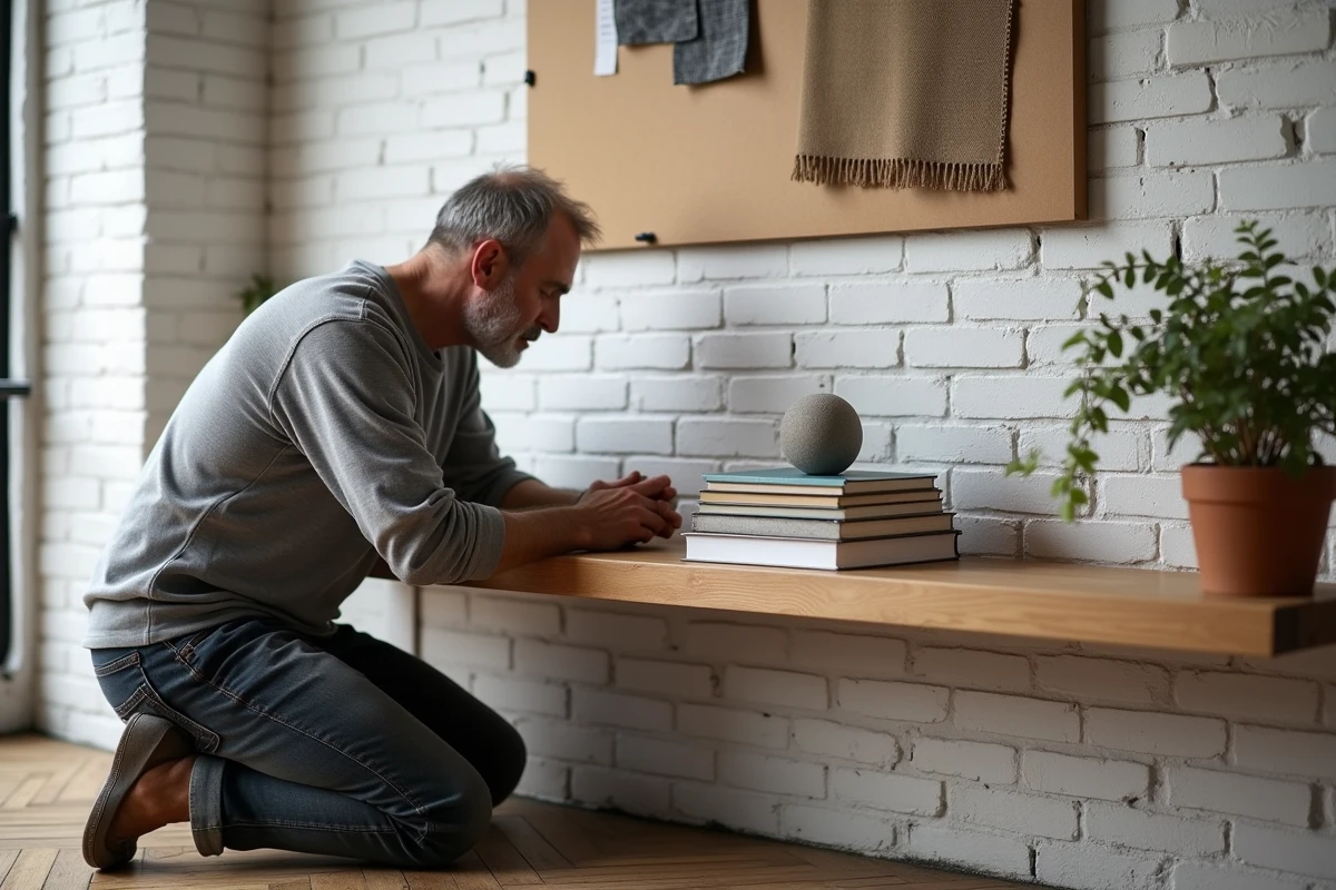 Homme installant une étagère flottante en bois sur un mur de briques blanchies dans une bibliothèque domestique avec parquet en chevrons