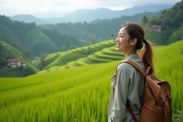 Jeune femme souriante dans un paysage de rizières à Bali