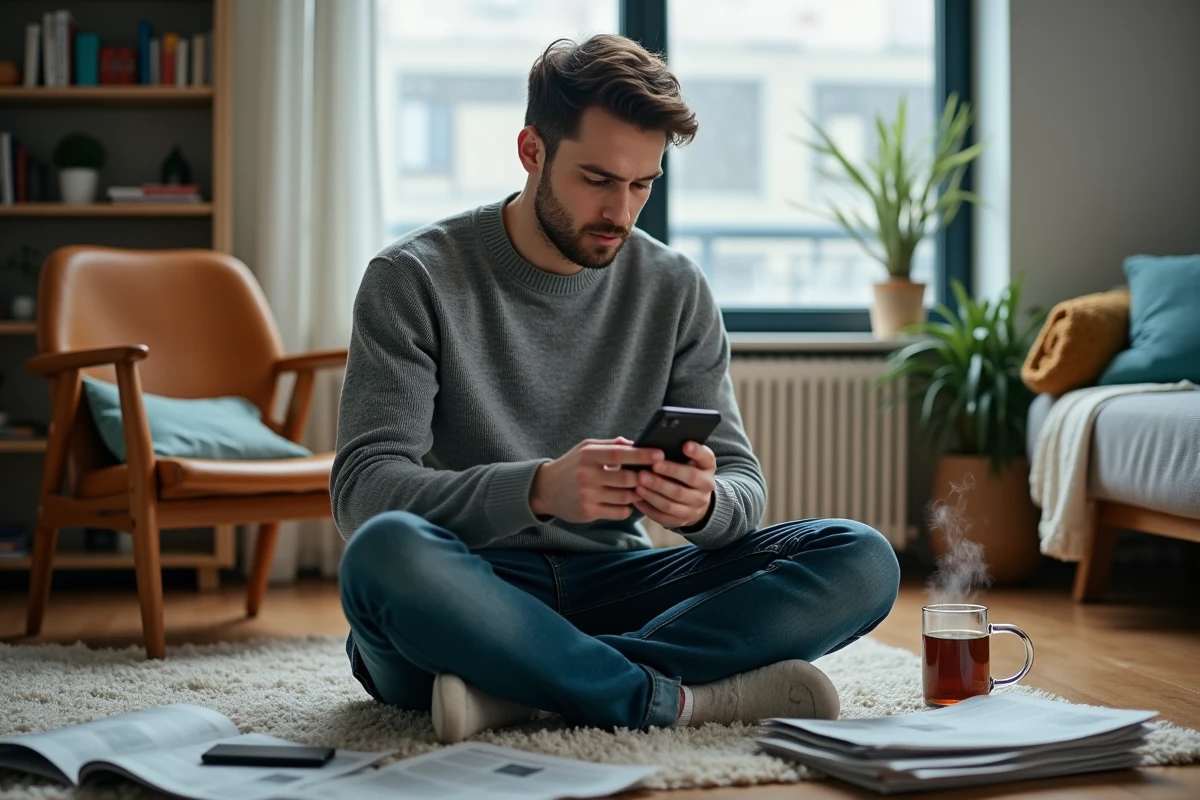 Jeune homme lisant les dernières actualités et tendances sur son smartphone dans un appartement cosy