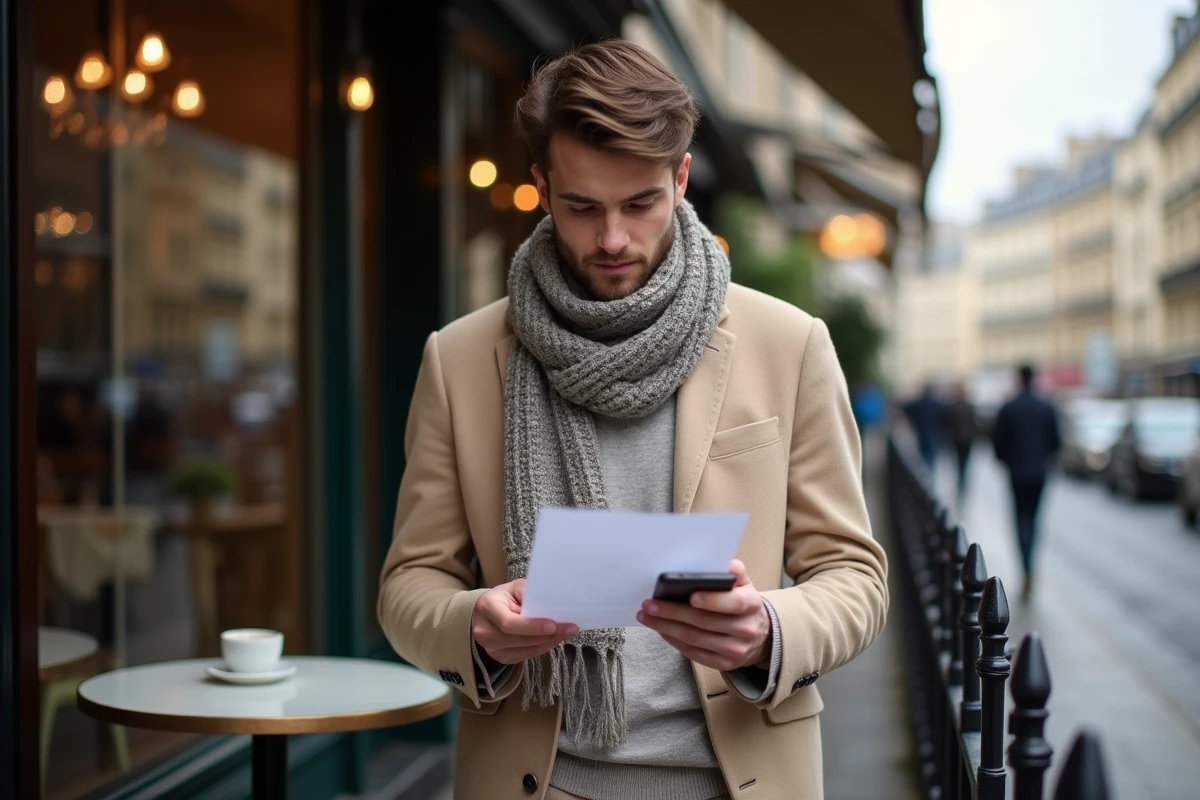 Jeune homme dans un café parisien avec documents et smartphone