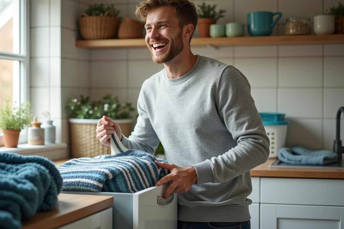 Jeune homme souriant sort un pull du congélateur