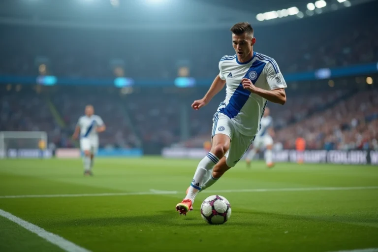 Joueur de football professionnel en plein sprint sur un terrain de stade lors d'un match officiel