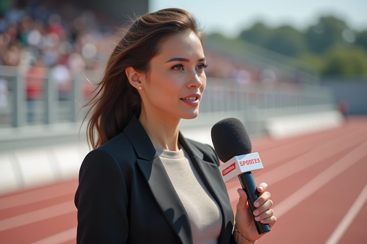 Journaliste sportive réalisant une interview en bord de piste lors d'un événement d'athlétisme
