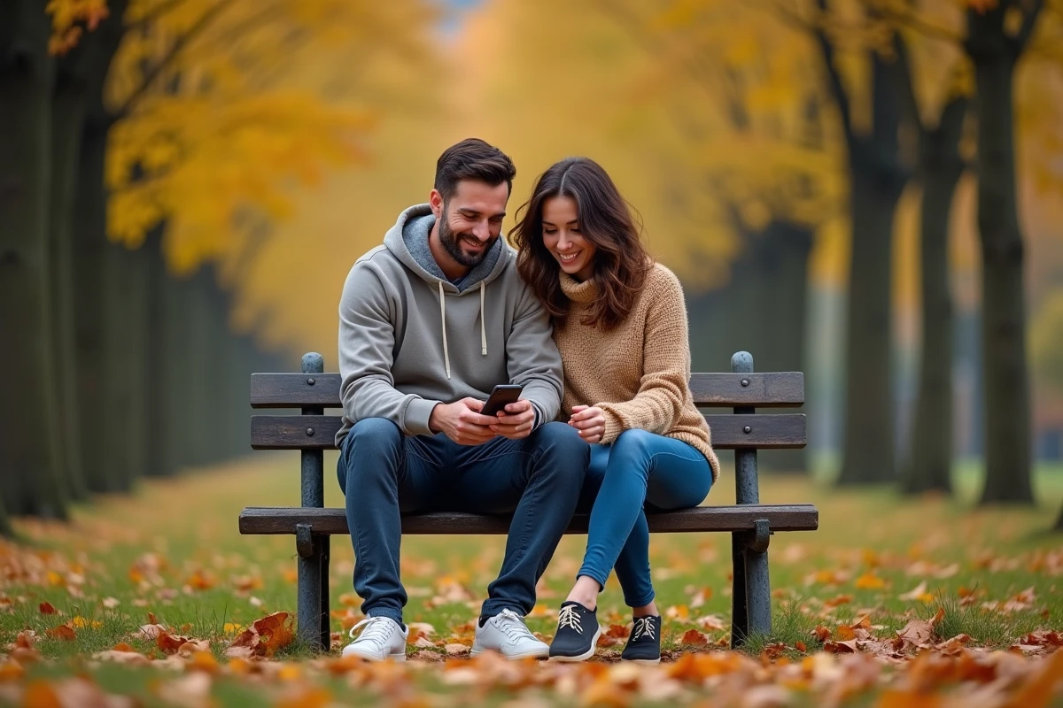 Couple complice dans un parc en automne, partageant un moment intime sur un banc entouré de feuilles dorées