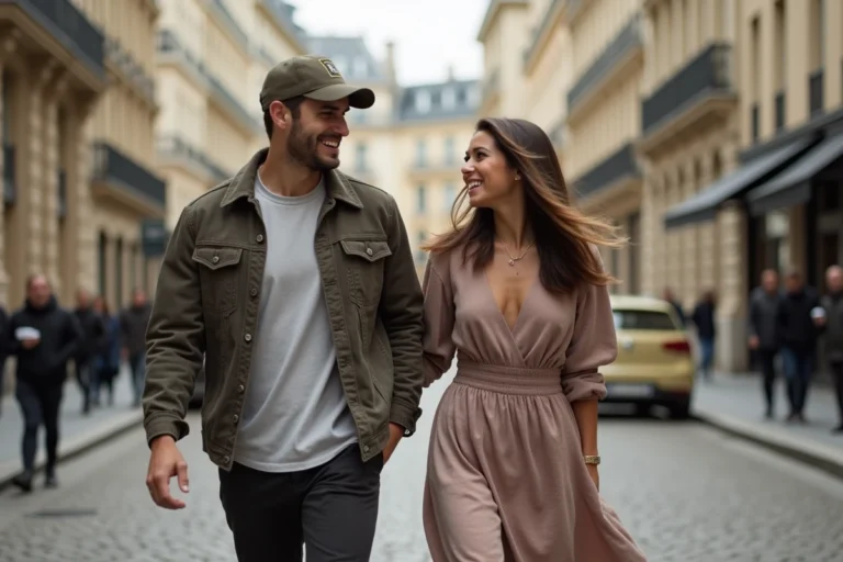 Couple de rappeur célèbre et sa compagne se promenant dans les rues de Paris, ambiance décontractée et complice