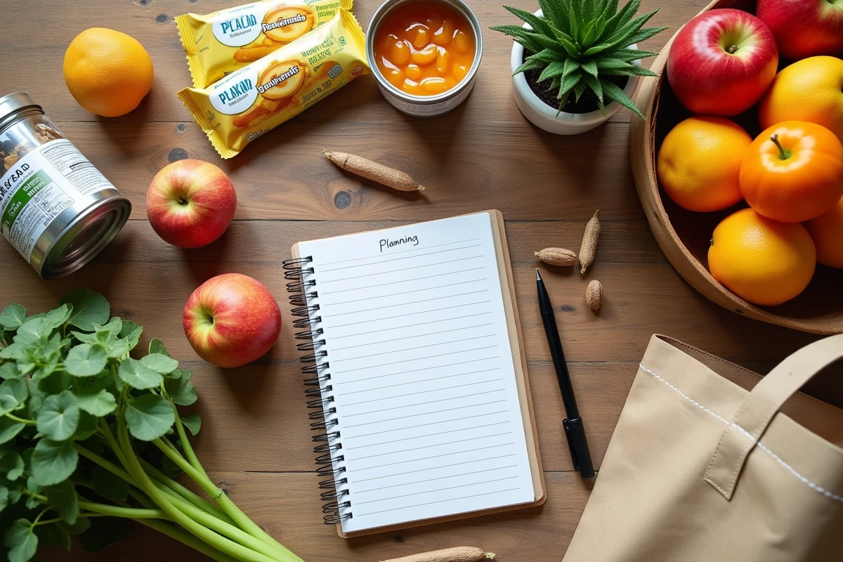 Vue de dessus d'une liste de courses manuscrite entourée d'aliments et de provisions pour préparer un séjour à Center Parcs