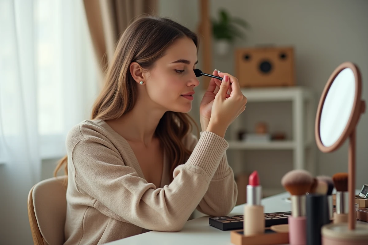 Jeune femme se maquillant devant sa coiffeuse entourée de produits de beauté et pinceaux de maquillage