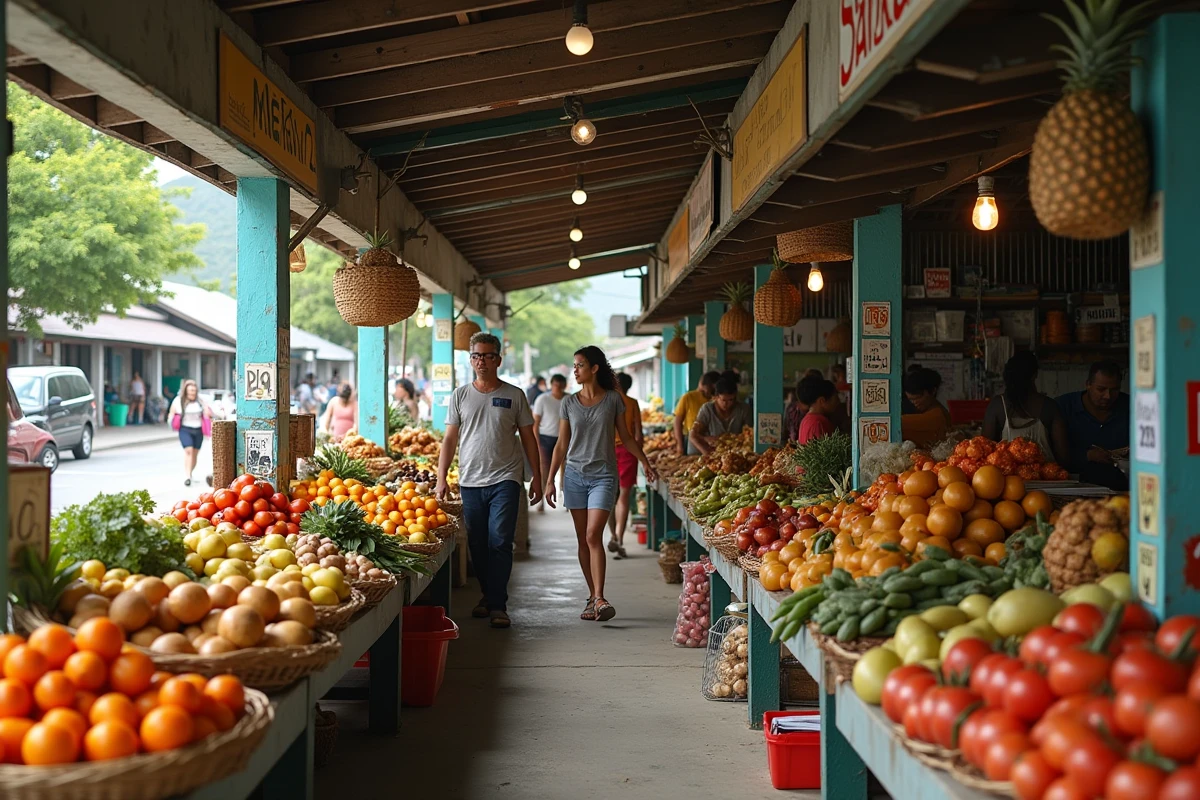 Marché de quartier animé à Nouméa avec habitants locaux et expatriés autour des étals de fruits tropicaux et produits locaux