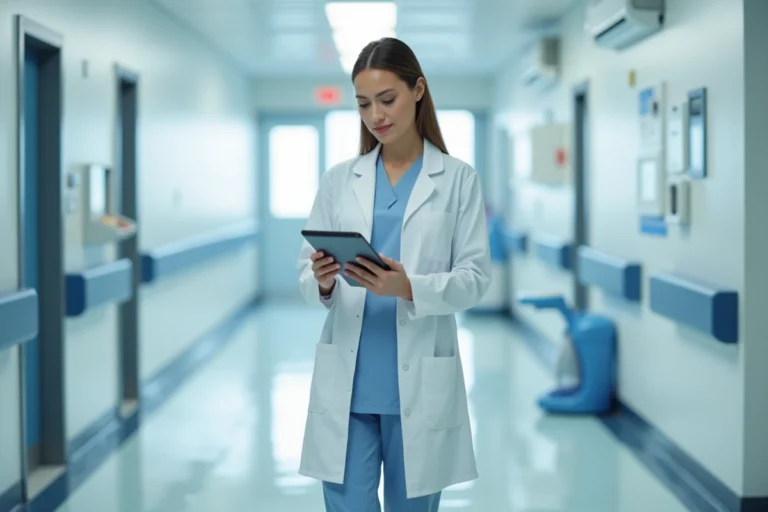Professionnelle de santé en blouse blanche consultant une tablette numérique dans un couloir d'hôpital moderne, illustrant les métiers en demande dans le secteur médical en 2024