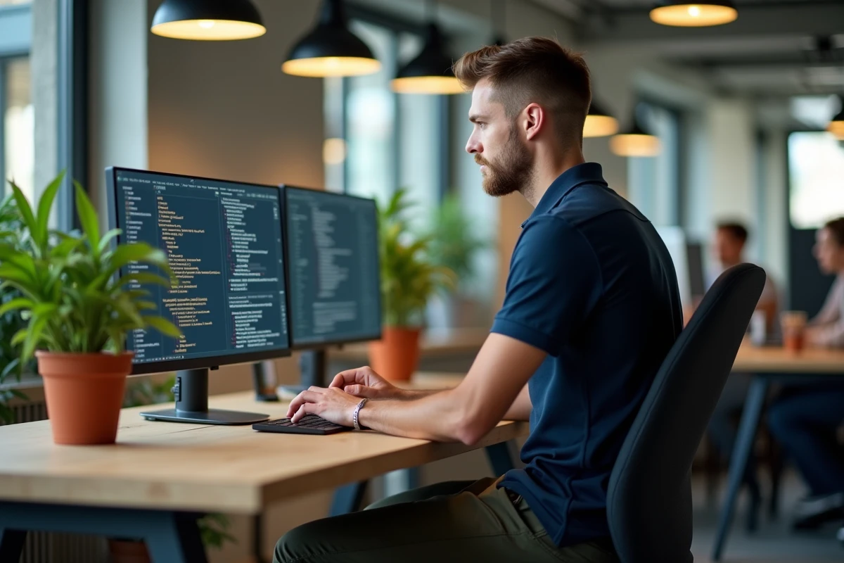 Développeur informatique travaillant sur plusieurs écrans dans un bureau open-space moderne, représentant les métiers du numérique et de la tech parmi les plus recherchés en 2024
