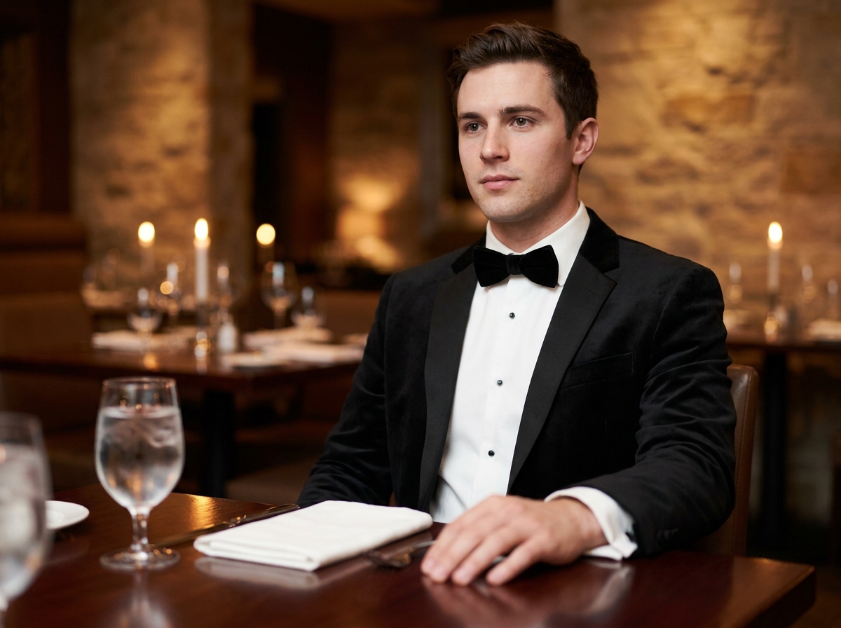Jeune homme en smoking et nœud papillon noir en velours assis dans un restaurant gastronomique élégant