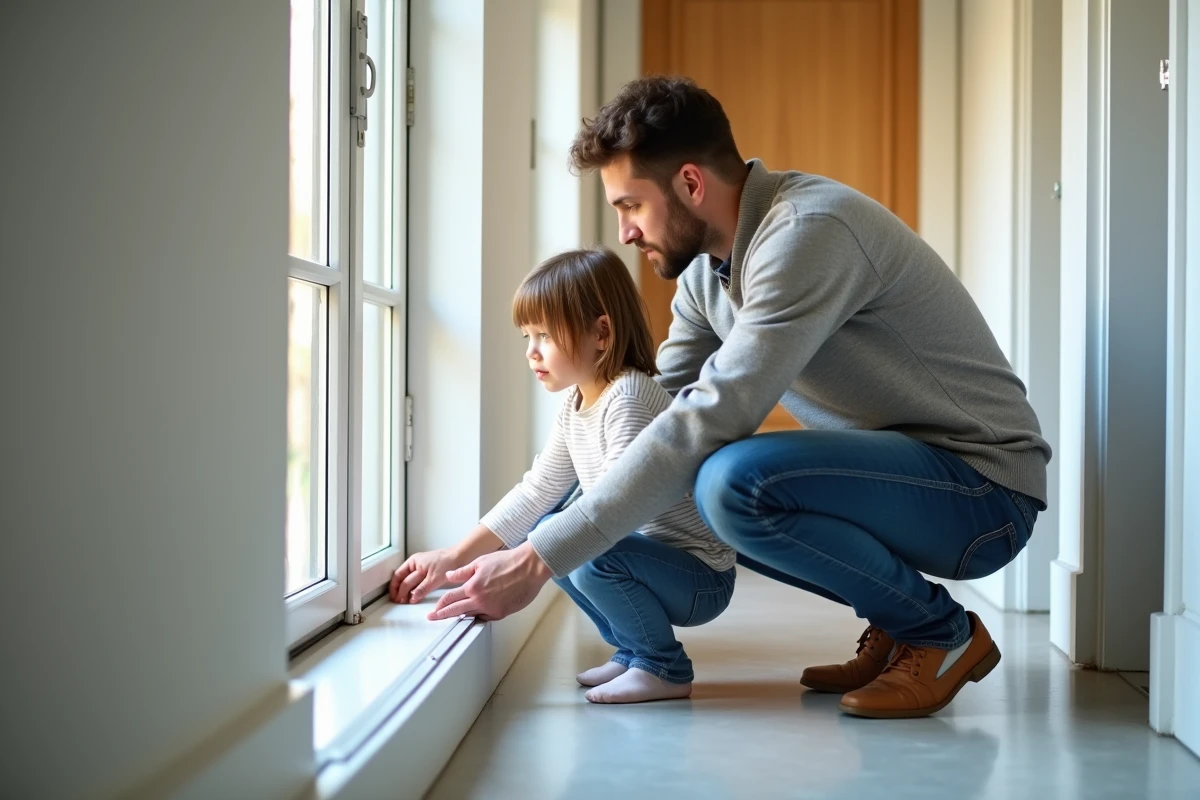Père et fille examinant des joints de fenêtre