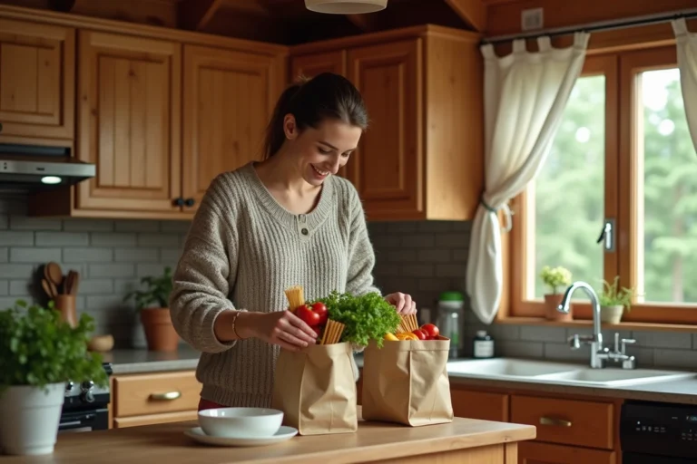 Femme préparant ses courses dans la cuisine d'un cottage Center Parcs entourée de sacs de provisions et d'aliments frais