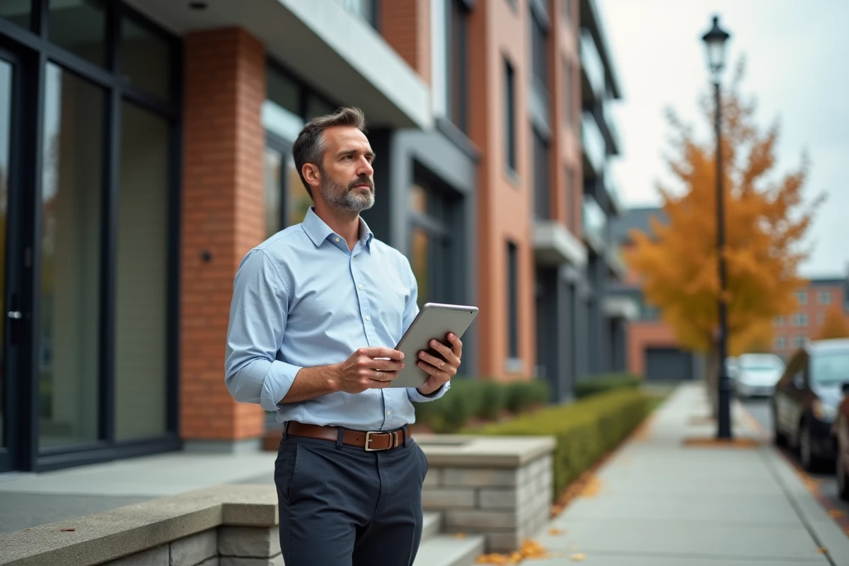 Professionnel de l'immobilier évaluant un immeuble résidentiel neuf avec une application sur tablette numérique