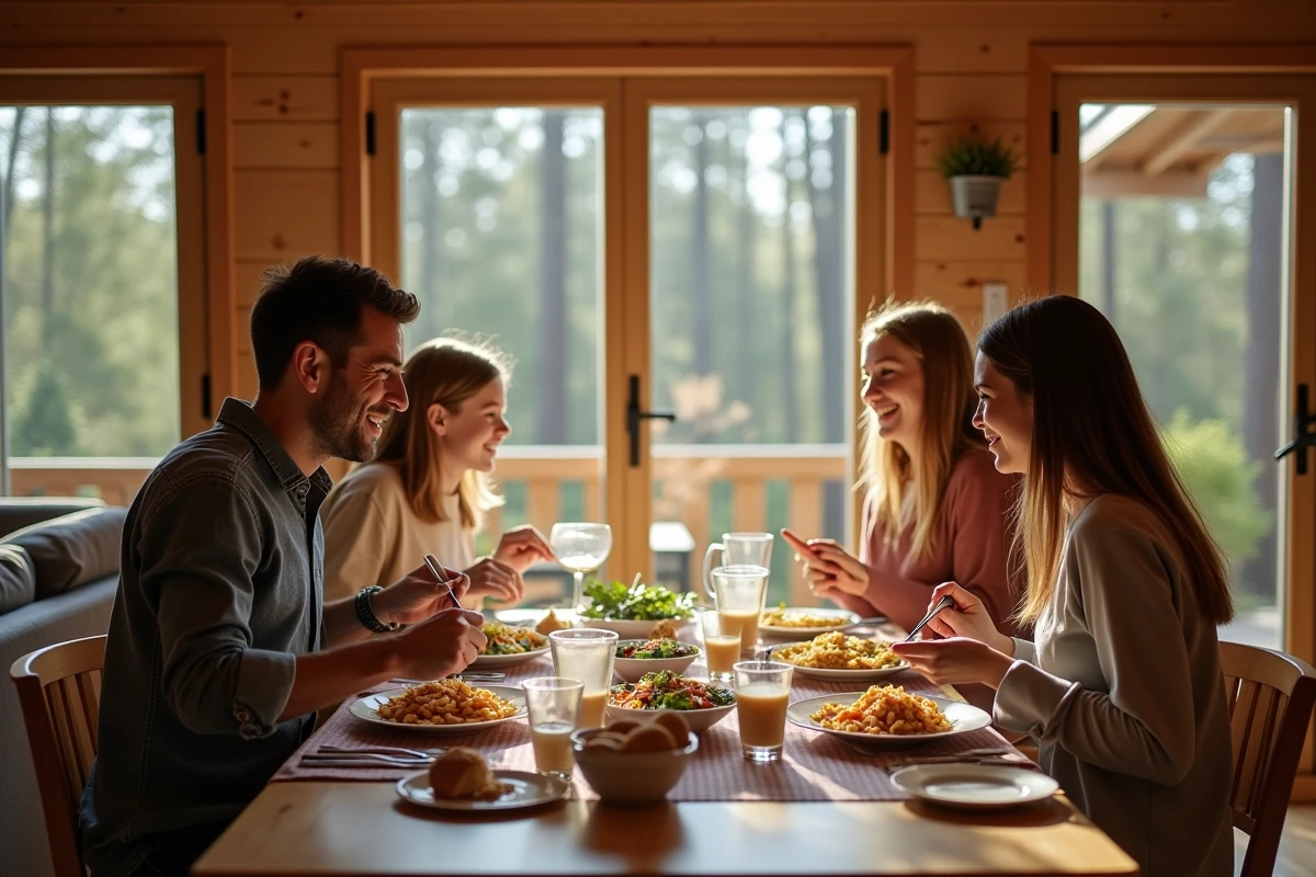 Famille partageant un repas fait maison autour d'une table dans un bungalow Center Parcs pendant des vacances en forêt