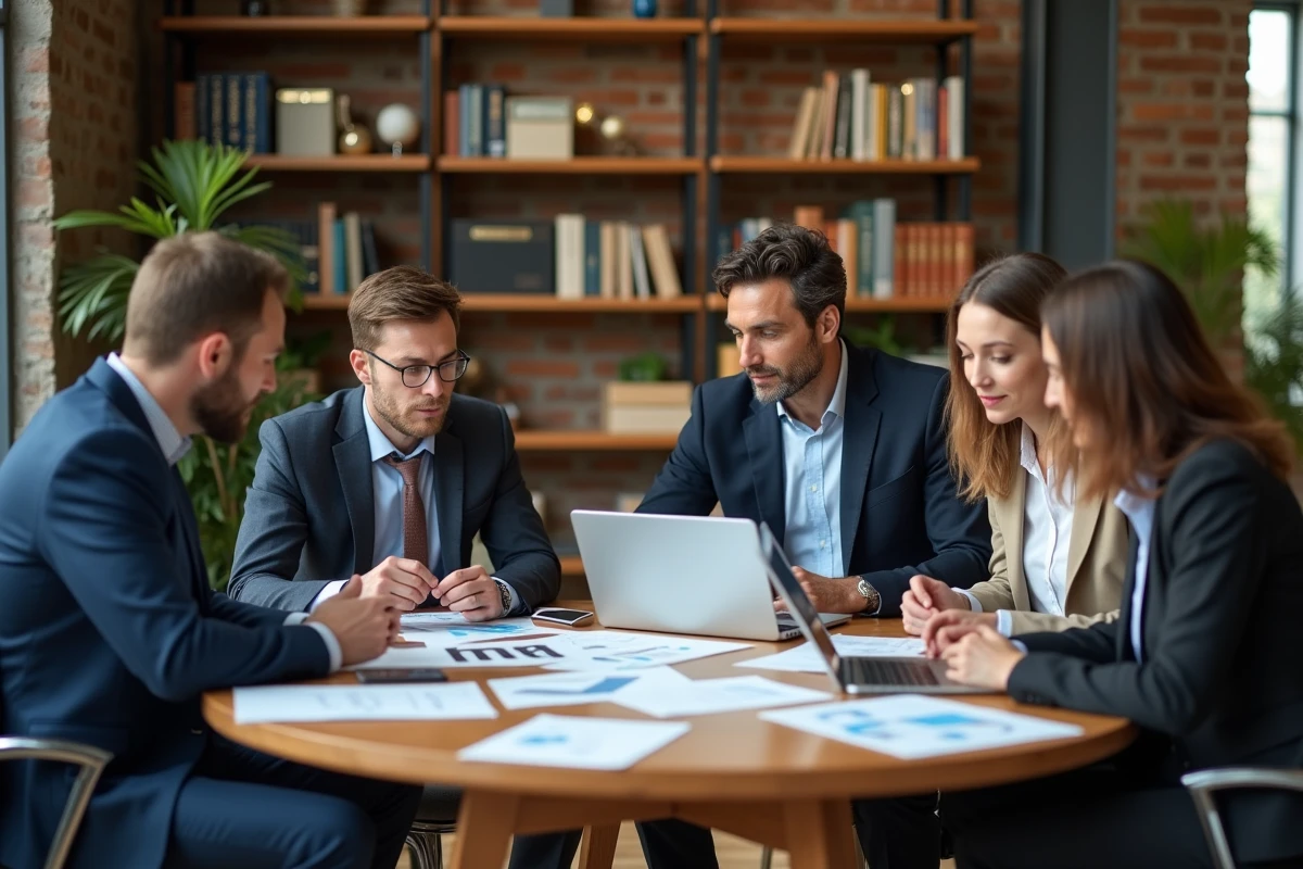 Groupe de professionnels en réunion dans un espace coworking chaleureux