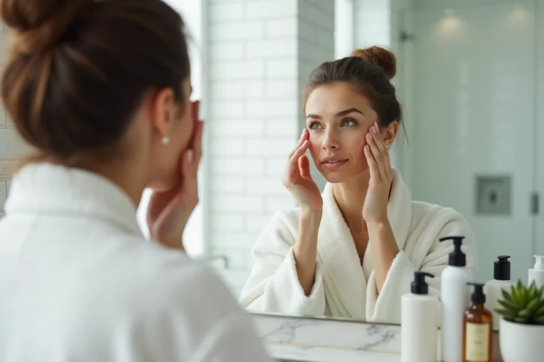 Femme appliquant de la crème hydratante devant son miroir de salle de bain dans le cadre d'une routine beauté quotidienne