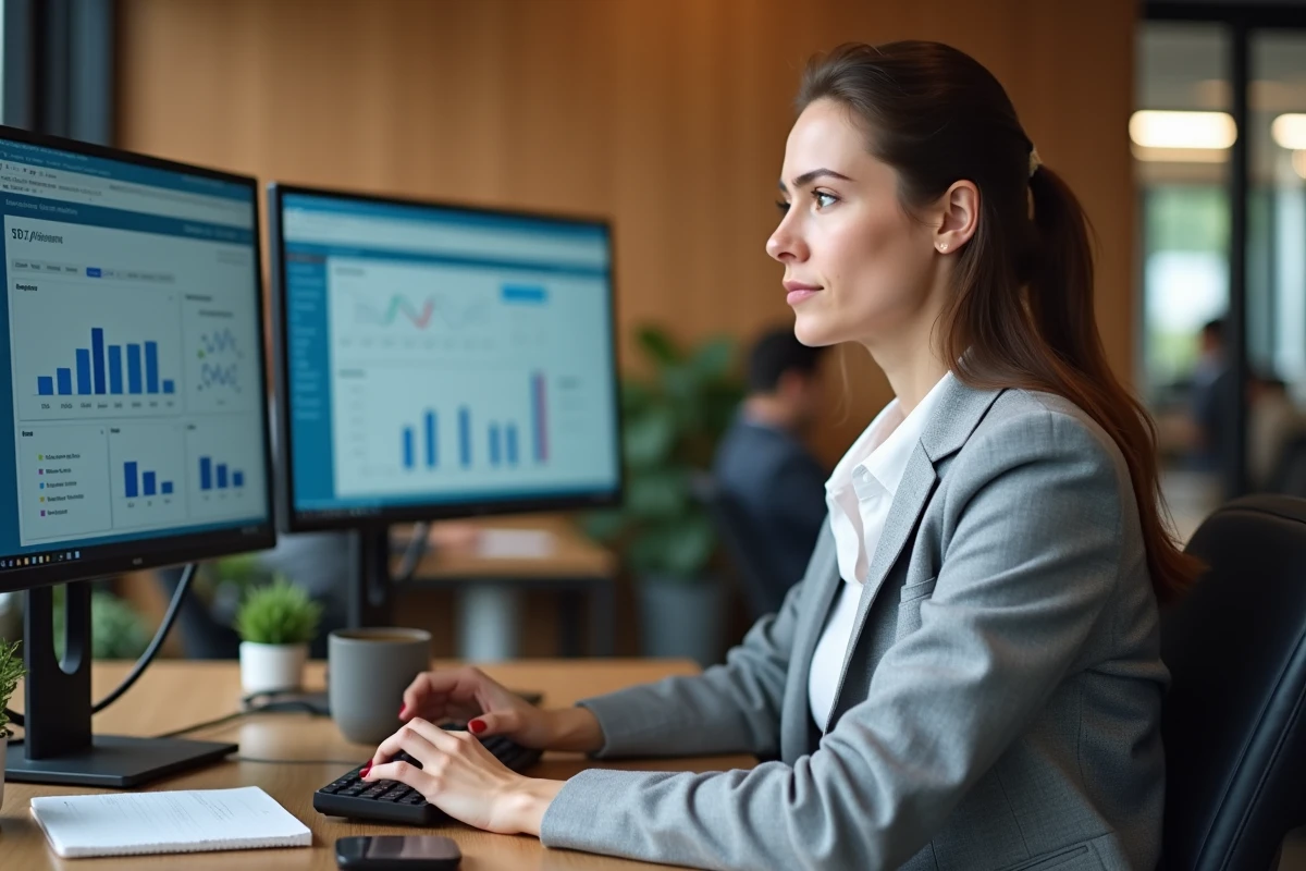 Salariée d'une start-up auto concentrée devant ses écrans dans un bureau moderne, évoquant l'environnement de travail et la culture d'entreprise Capcar