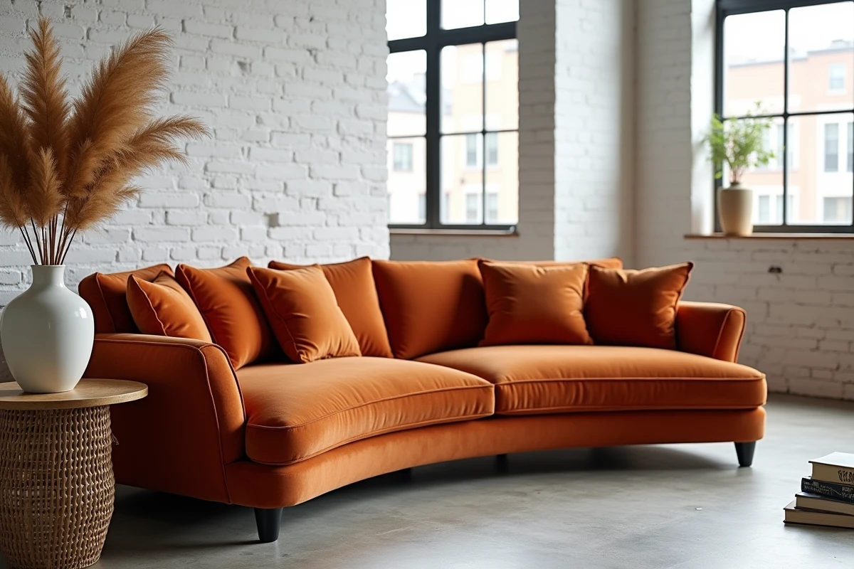 Coin salon tendance avec canapé en velours terracotta, table en rotin et vase en céramique dans un loft moderne