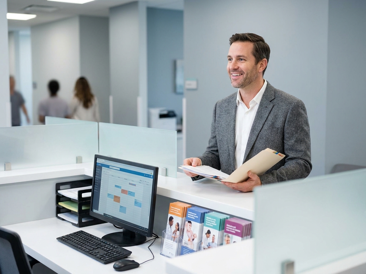 Secrétaire médical homme en reconversion professionnelle accueillant un patient à la réception d'une clinique médicale