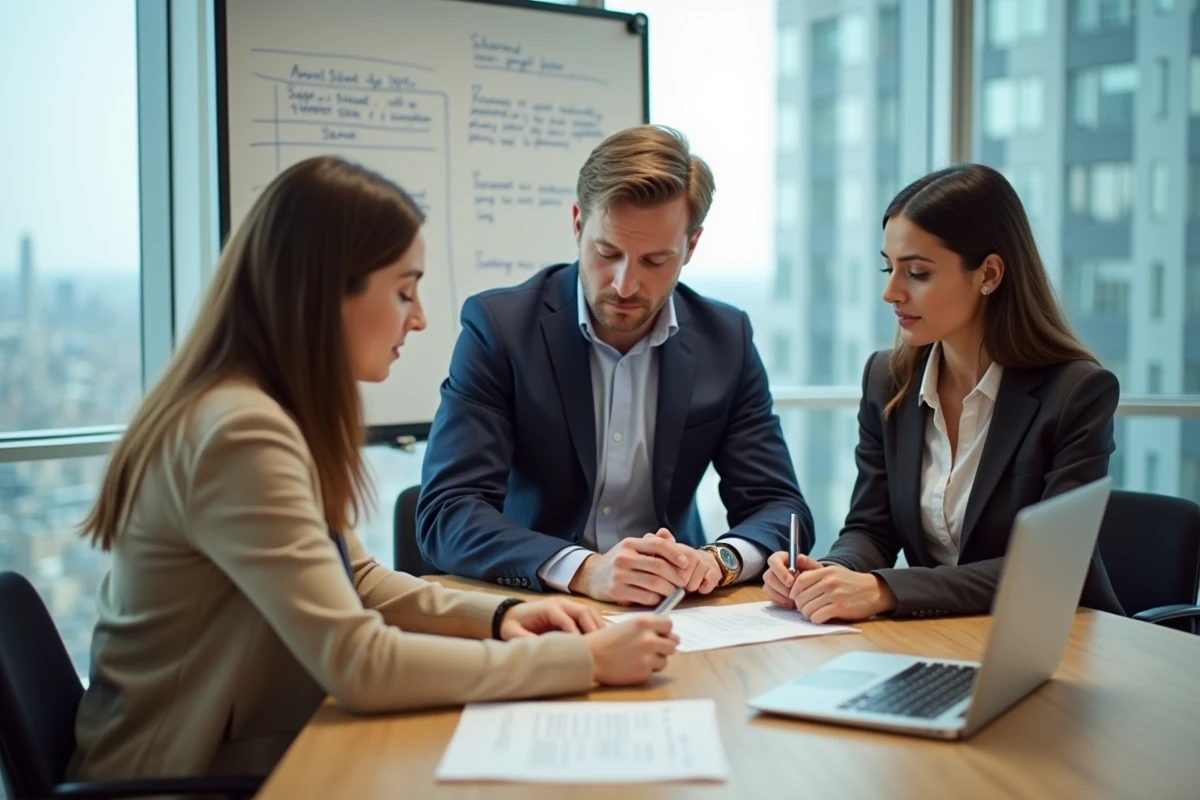 Groupe de professionnels en réunion de recrutement autour d'une table dans un bureau moderne vitré, illustrant les opportunités d'emploi dans les secteurs qui recrutent en 2024