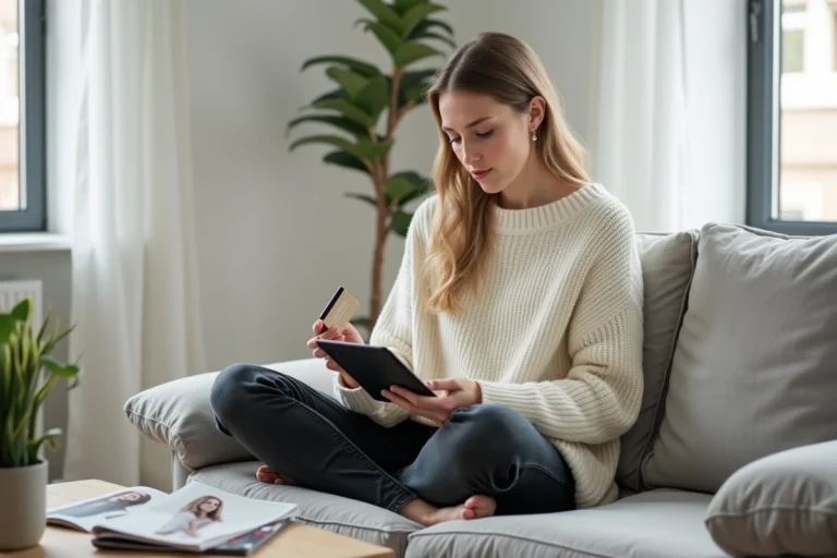 Femme faisant du shopping de mode en ligne sur une tablette depuis son canapé, tenant une carte bancaire, dans un salon au style scandinave épuré