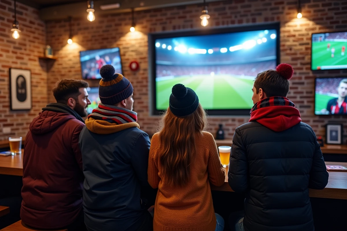 Groupe de supporters regardant un match sportif en direct dans un bar animé