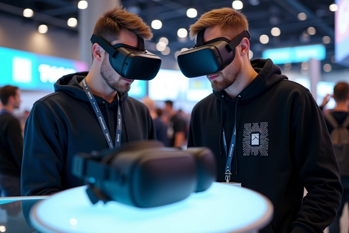 Deux passionnés de technologie testant des casques VR dernière génération lors d'un salon high-tech geek