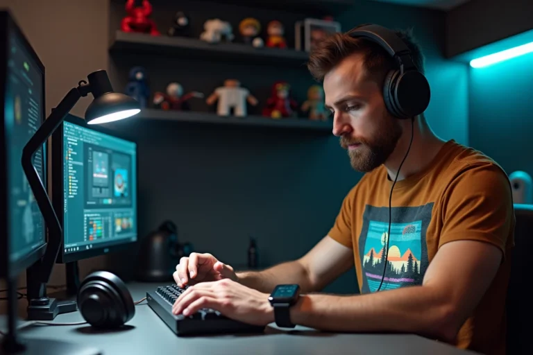 Homme passionné de geek culture découvrant une montre connectée dernière génération dans son bureau high-tech
