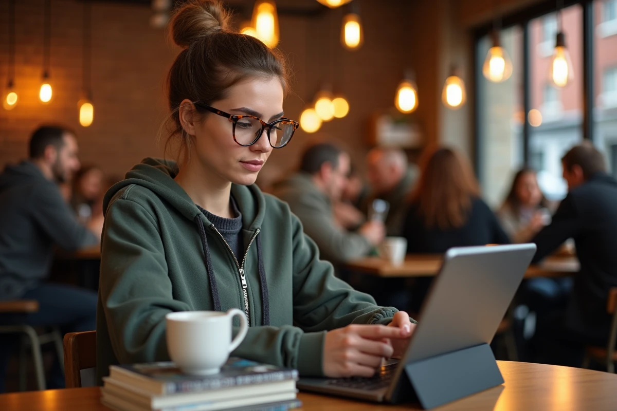 Jeune femme geek consultant sa tablette OLED dans un café entourée de mangas et romans de science-fiction