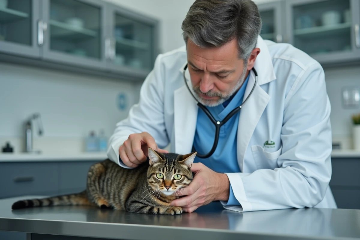 Vétérinaire examinant un chat tigré dans une clinique vétérinaire moderne, représentant les soins médicaux couverts par une assurance pour animaux de compagnie