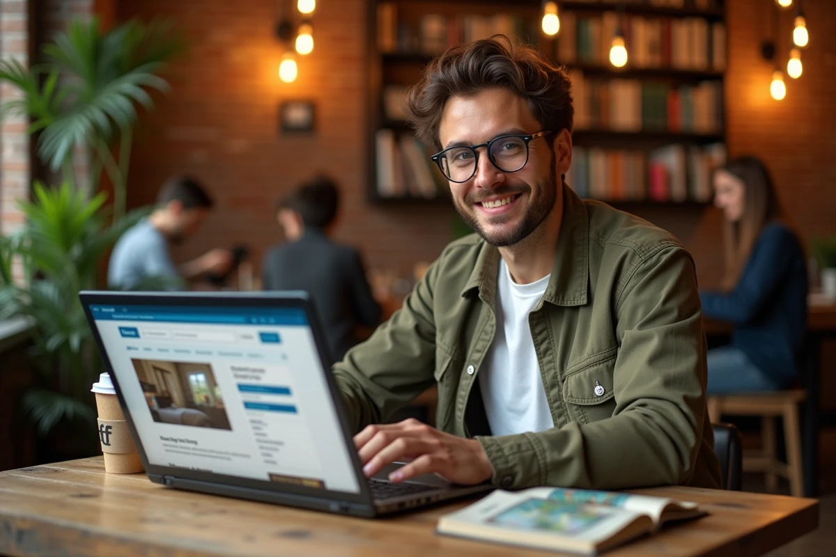 Jeune voyageur solo recherchant des astuces de réservation sur son ordinateur portable dans un espace co-living pour voyager seul sans payer le supplément chambre individuelle